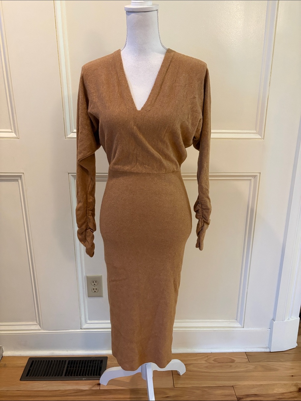Reiss Camel V-Neck Ruched Sleeve Midi Dress